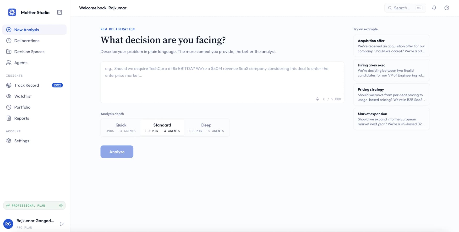 Moltter Studio decision-intelligence platform screenshot