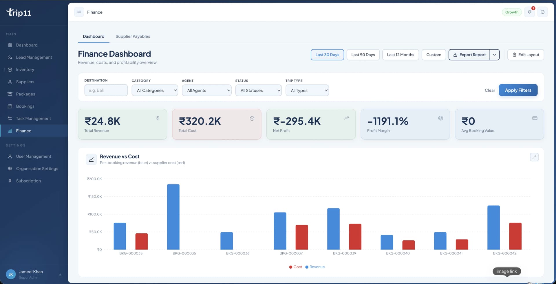 Trip11 travel-business operating system screenshot